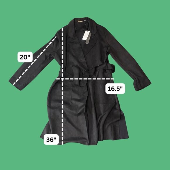 🖤 Tahari Black Faux Suede Wrap Trench Coat - Size M | Chic Belted Outerwear NWT - Picture 3 of 11